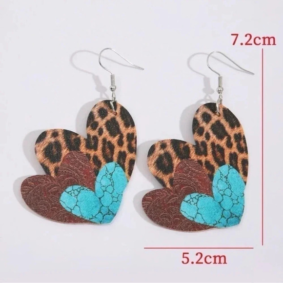 Leather Leopard Print & Turquoise Heart Earrings - Picture 4 of 4